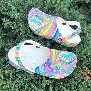 Crocs Unisex Adult Classic Clogs Size M 5 W 7 Mineral Blue Multi‎ Rainbow Swirl